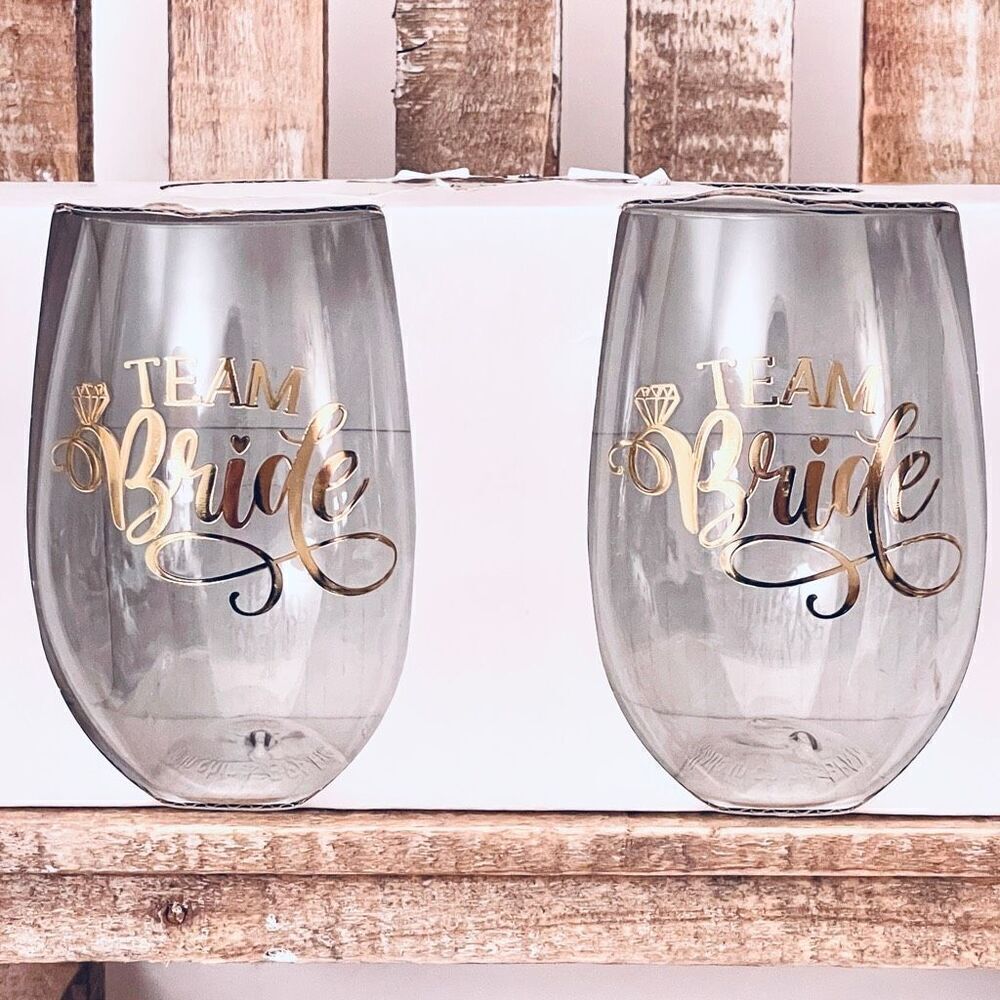 NWT Gorgeous Set of 2 Team Bride 2-Piece Stemless Wine Glass Bridesmaids Perfect